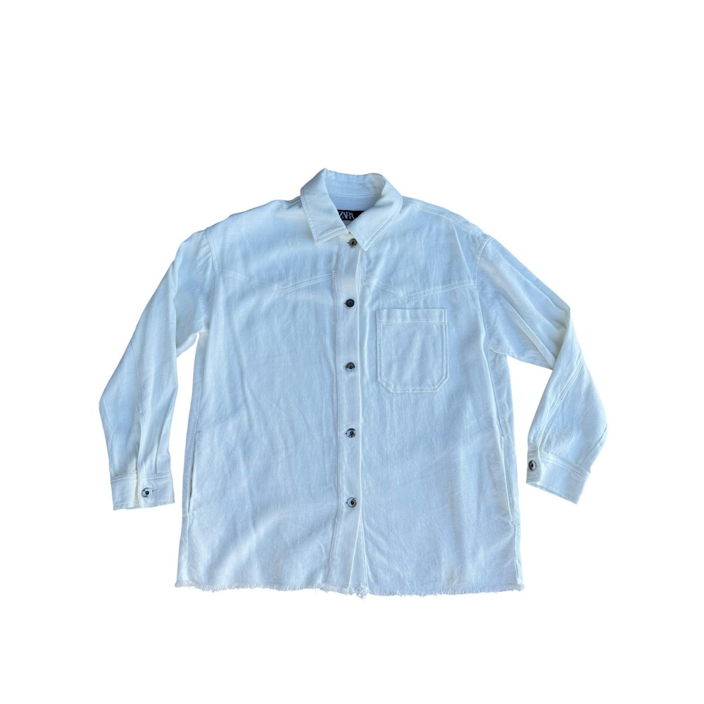 ZARA White Long Sleeve Button Down Shacket Shirt Jacket XS Pocket Baggy‎ NWT